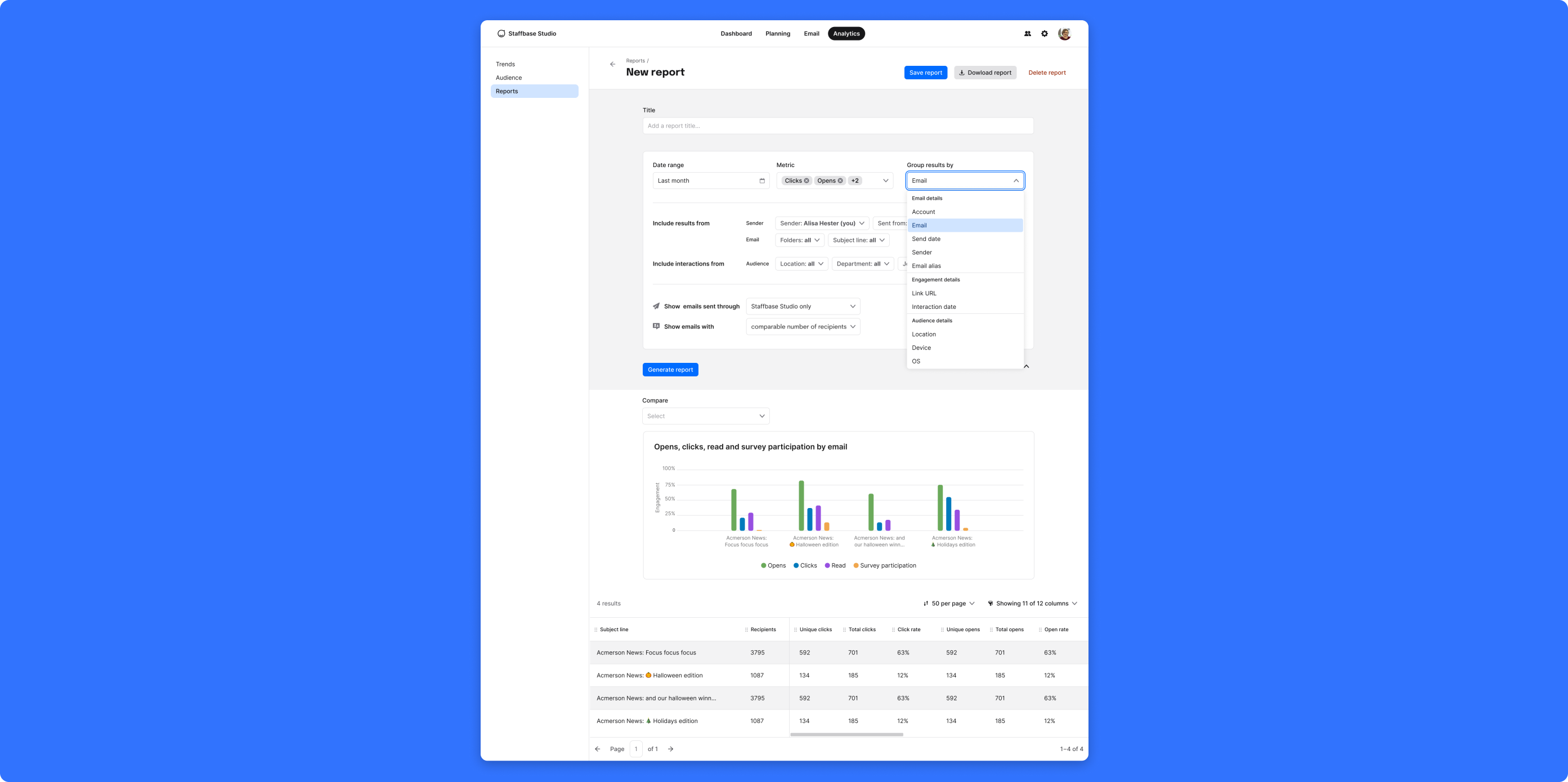 Multiple outputs: different report types based on the data setup.