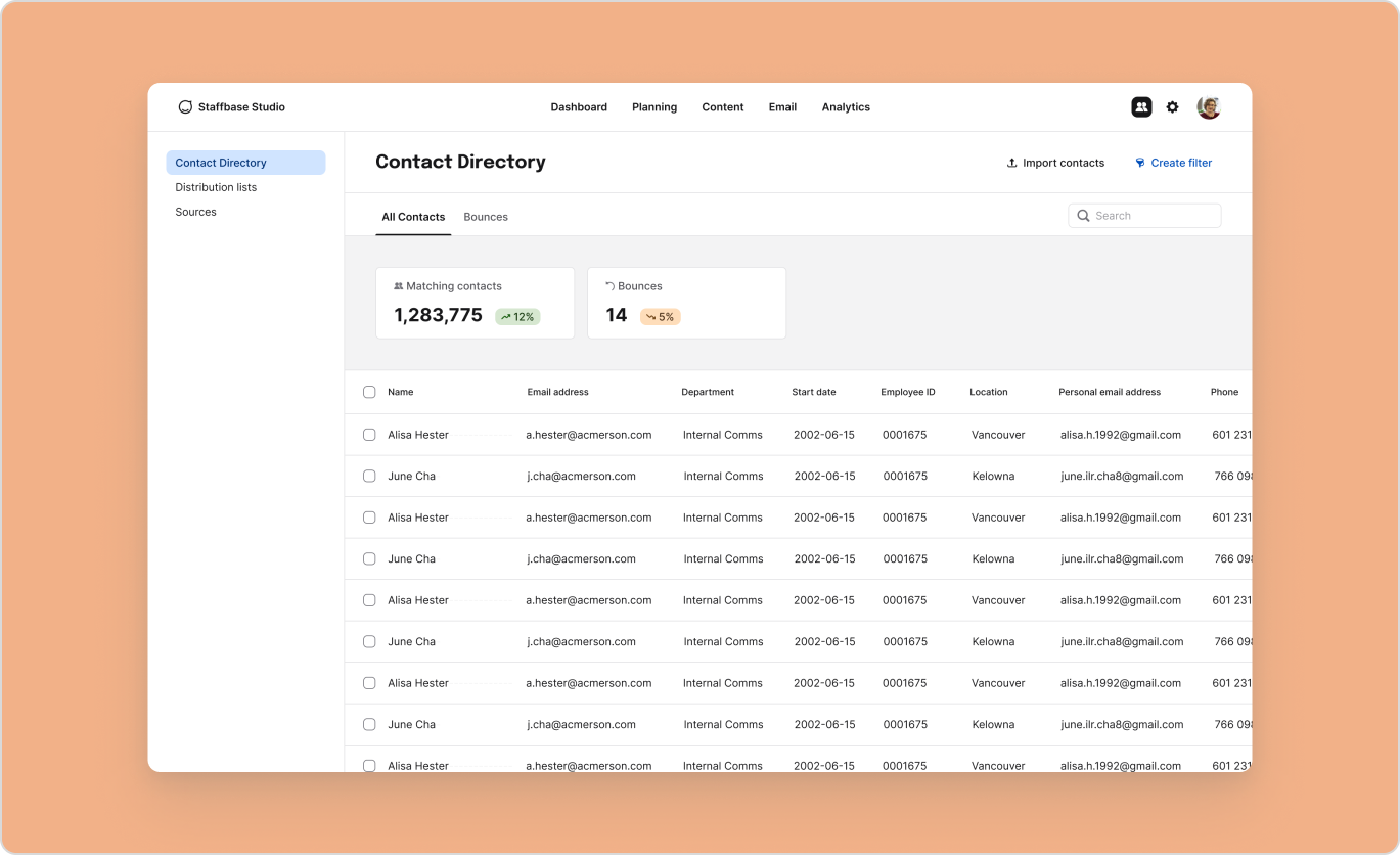 Exploration of the Contact Directory in Staffbase Studio style.