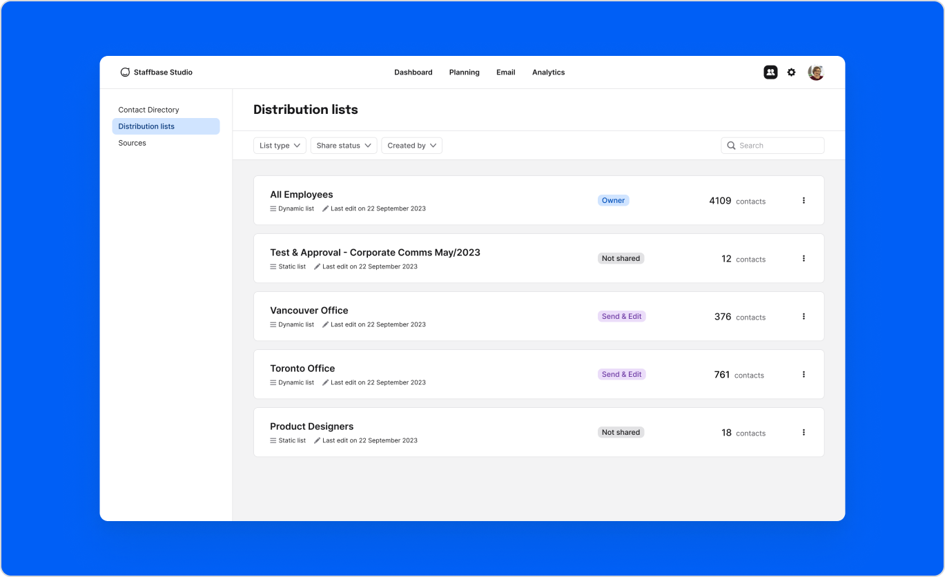 Exploration of Distribution Lists in Staffbase Studio style.